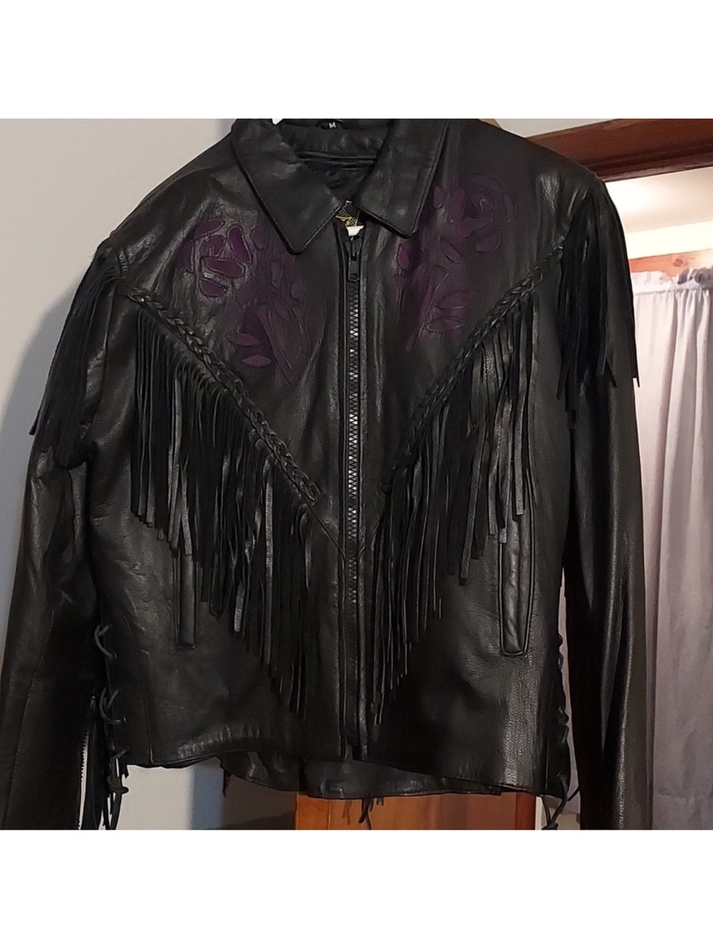 Source Unknown Black Leather Fringe Jacket with Purple Floral Accents